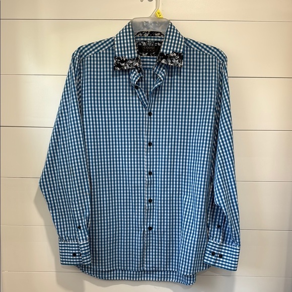 COOGI Luxe Men Size XL Blue White Checkered Floral Flip Cuff Button Up Shirt - Picture 1 of 12